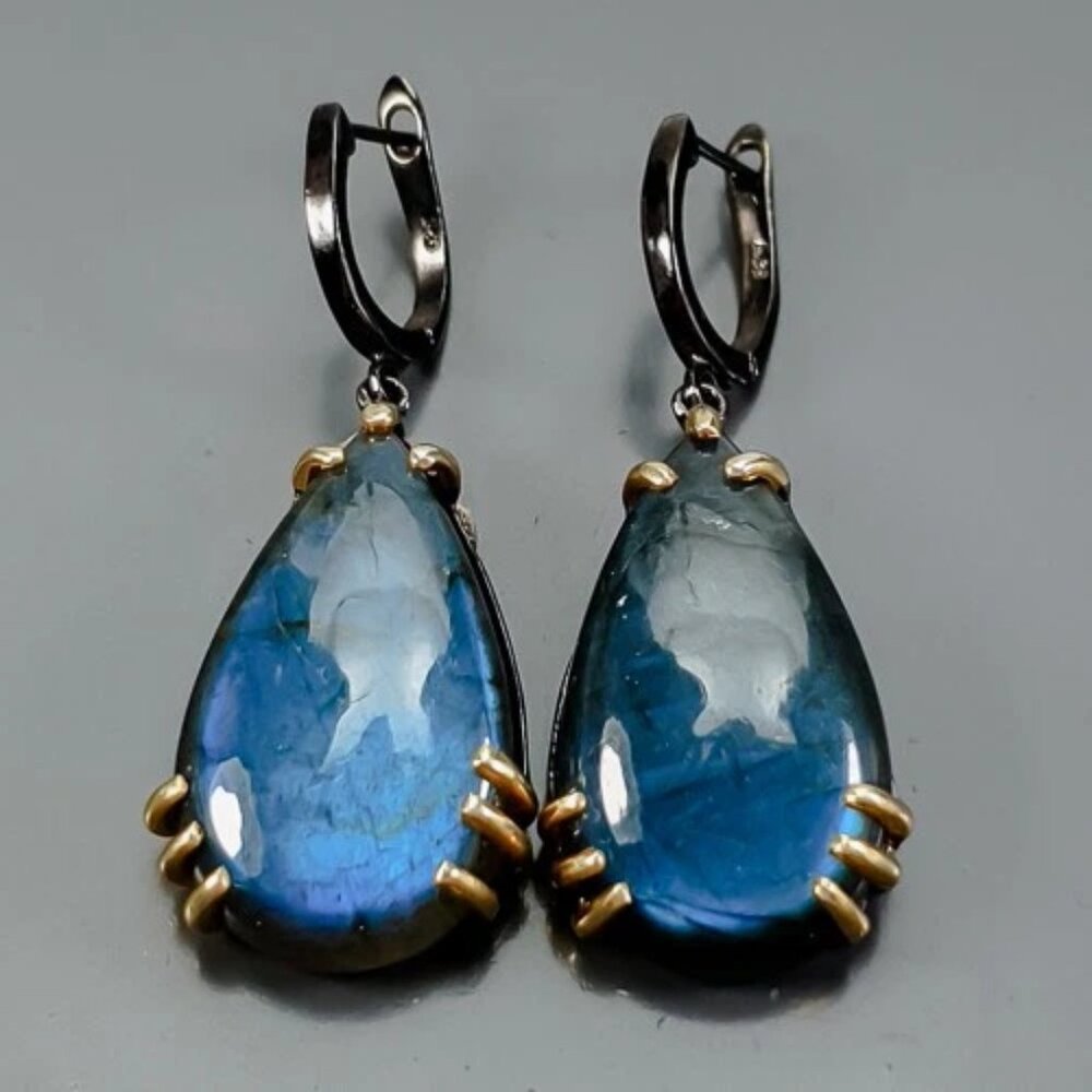 EARRINGS 75CT Labradorite 925 Black Rhodium - Brilliant!